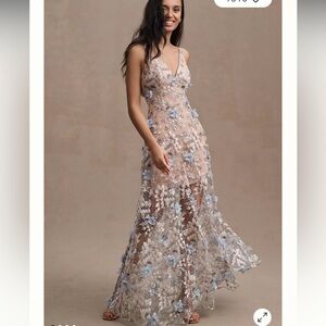 Dress the Population Floral Lace Maxi Dress in Blue and Cream